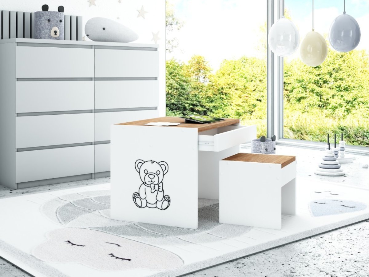 Stol so šuplíkom a jedna stolička - medvedík / drevo produkt
